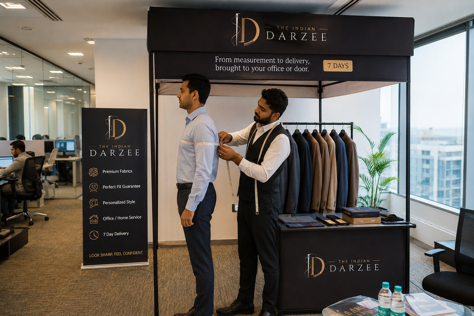 A Darzee tailor measuring at an office fitting